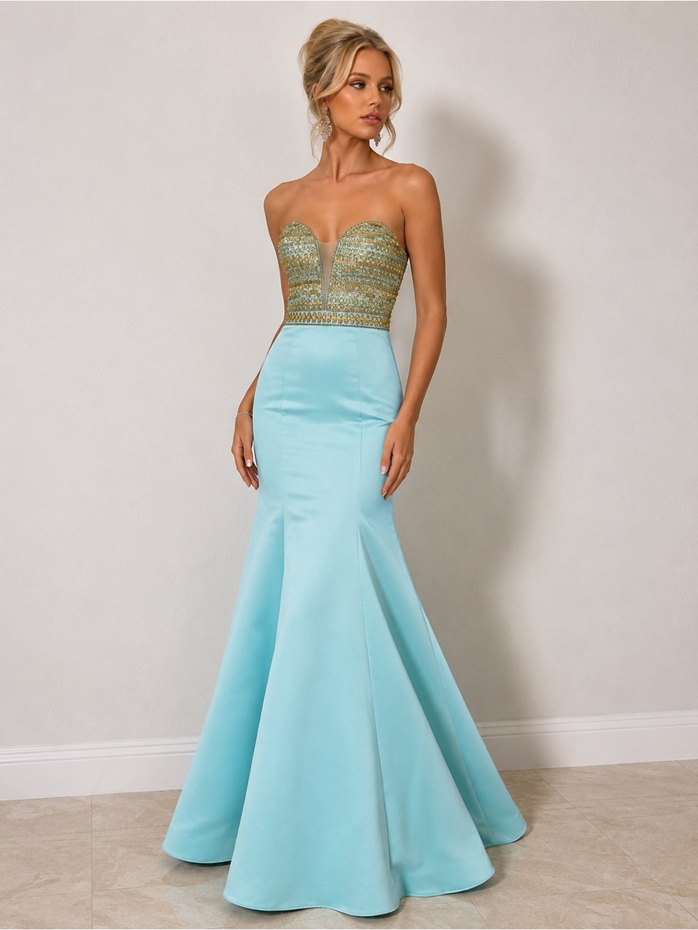 Vienna Prom Strapless Light Blue Mermaid Gown with Gold Beaded Bodice
